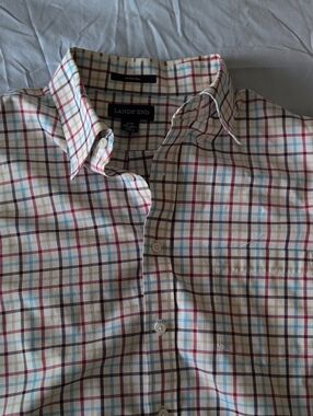Lands' End Men's Cream No Iron Shirt with Blue and Red Checks - Mens LT